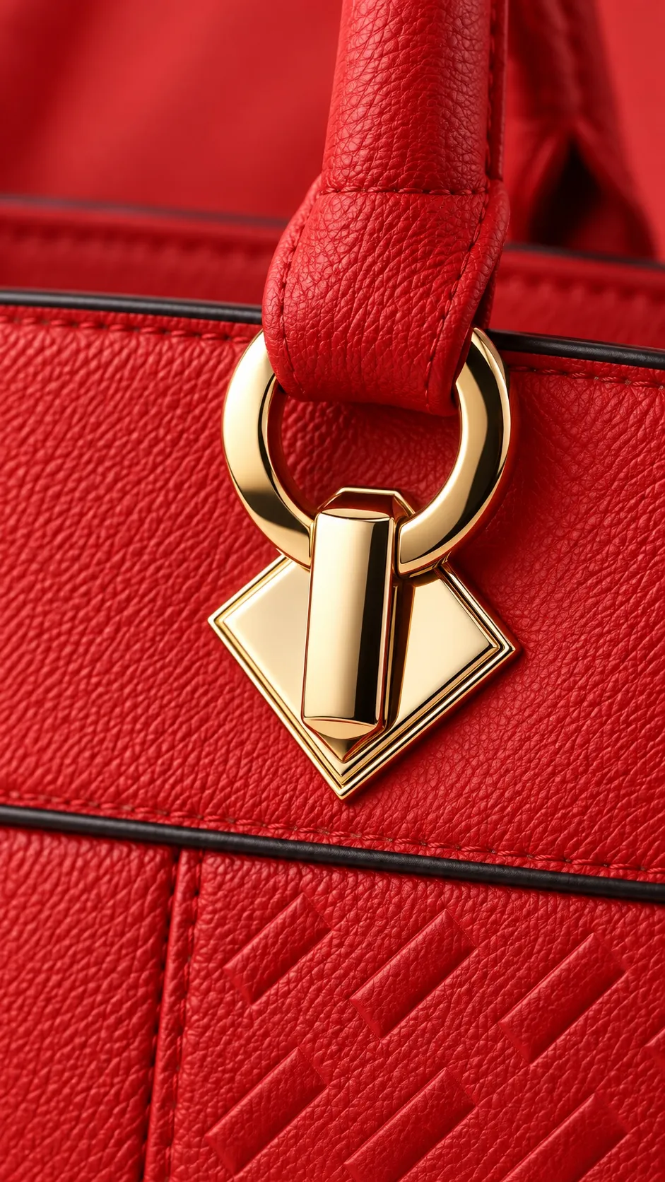 Detalhe da ferragem dourada presa à alça da bolsa vermelha
